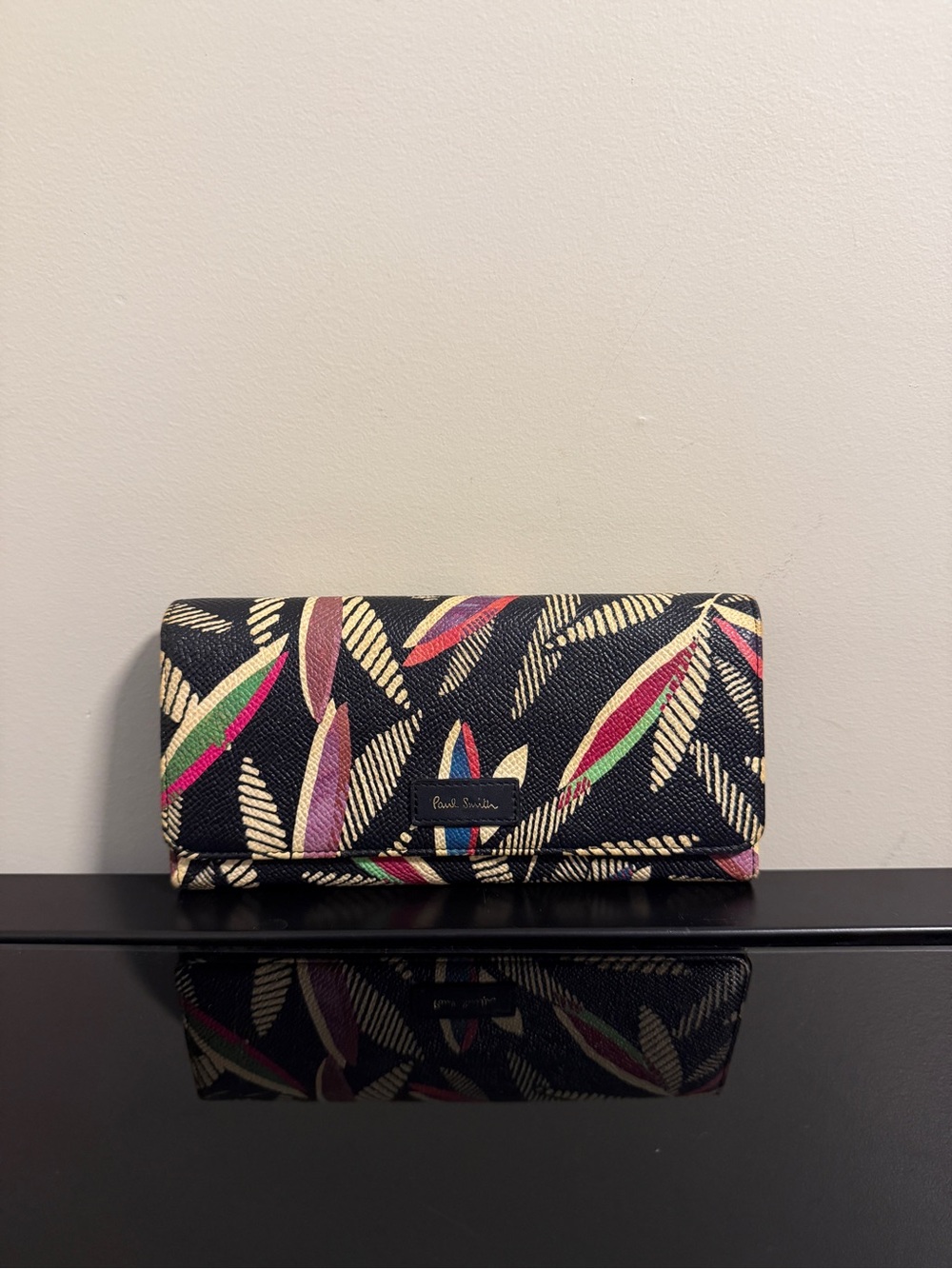 Paul Smith Black Long Wallet with Multicolor Leaf Pattern